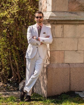 White Suit Outfits: Go for a smart outfit in a white suit and a white and red vertical striped dress shirt. Dark brown suede oxford shoes are a wonderful idea to round off your ensemble.
