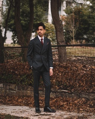 Burgundy Knit Tie Outfits For Men: For an ensemble that's absolutely camera-worthy, rock a black vertical striped suit with a burgundy knit tie. Add black leather oxford shoes to the mix et voila, this ensemble is complete.