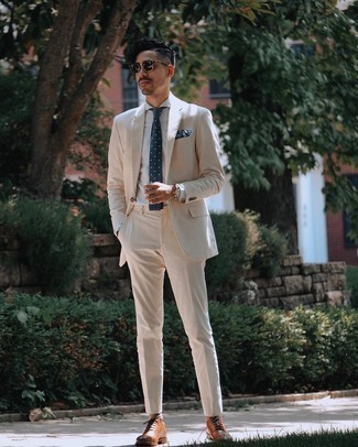 Men's Beige Suit, Grey Vertical Striped Dress Shirt, Brown Leather Oxford Shoes, Navy and White Polka Dot Tie