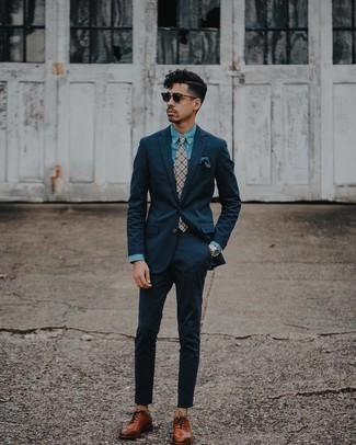 Black Sunglasses Outfits For Men: Wear a navy suit and black sunglasses to achieve an interesting and current off-duty ensemble. If you need to immediately up the ante of your getup with one item, complement this outfit with brown leather oxford shoes.
