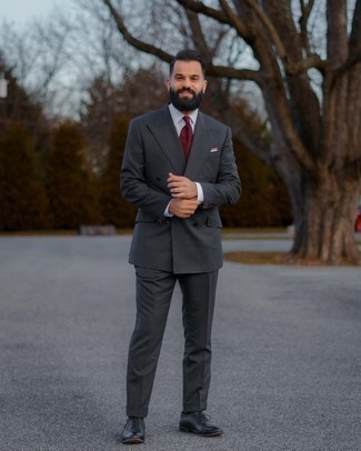 Black Leather Oxford Shoes Outfits: A charcoal vertical striped suit looks especially refined when paired with a white dress shirt. The whole outfit comes together brilliantly if you complete this look with a pair of black leather oxford shoes.
