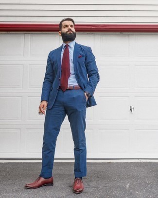 Men's Navy Suit, White and Navy Vertical Striped Dress Shirt, Burgundy Leather Oxford Shoes, Burgundy Tie