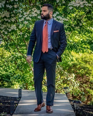 Light Blue Dress Shirt Dressy Outfits For Men: Marrying a light blue dress shirt and a navy suit is a fail-safe way to infuse your wardrobe with some masculine sophistication. Add a pair of brown leather oxford shoes to the mix and ta-da: the look is complete.