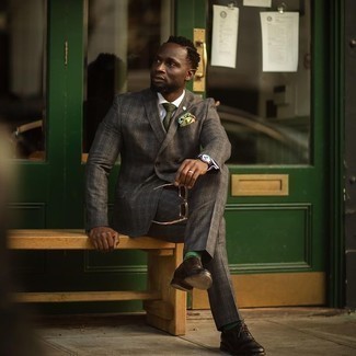 Mint Socks Outfits For Men: If you don't like being too serious with your outfits, dress in a grey plaid wool suit and mint socks. To bring some extra classiness to your look, complement this ensemble with a pair of dark brown leather oxford shoes.