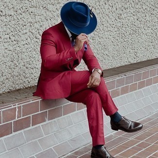 Navy Wool Hat Outfits For Men: Why not opt for a red suit and a navy wool hat? As well as super practical, these two items look nice paired together. A pair of dark brown leather oxford shoes instantly ramps up the fashion factor of any ensemble.