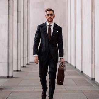 Navy Vertical Striped Suit Outfits: A navy vertical striped suit and a white dress shirt are absolute wardrobe heroes if you're picking out an elegant wardrobe that holds to the highest sartorial standards. Let your sartorial expertise really shine by completing your look with dark brown leather oxford shoes.
