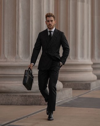 Briefcase Outfits: To assemble a casual outfit with a modern finish, try teaming a black vertical striped suit with a briefcase. Level up your look with black leather oxford shoes.