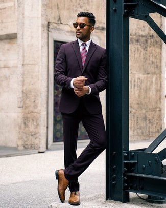 Purple Horizontal Striped Tie Outfits For Men: This combo of a dark purple suit and a purple horizontal striped tie is incredibly sharp and provides a clean and chic look. And if you wish to effortlessly dial down this outfit with shoes, introduce a pair of brown leather oxford shoes to your look.