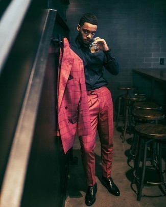Burgundy Check Suit Outfits: For a look that's stylish and wow-worthy, opt for a burgundy check suit and a black dress shirt. When it comes to footwear, throw in a pair of black leather oxford shoes.