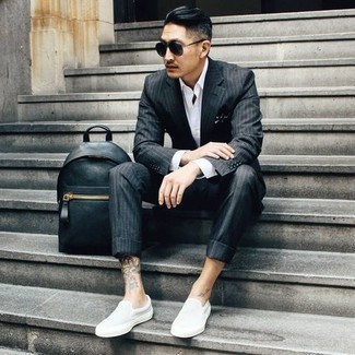Black Pocket Square Outfits: If you're looking for a casual and at the same time sharp outfit, marry a charcoal vertical striped suit with a black pocket square. Rounding off with a pair of white canvas slip-on sneakers is an easy way to infuse a hint of sophistication into this getup.