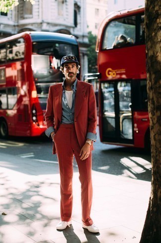 Burgundy Suit Outfits: Consider pairing a burgundy suit with a light blue chambray dress shirt and you will surely make an entrance. Round off with a pair of white canvas low top sneakers to power up this outfit.