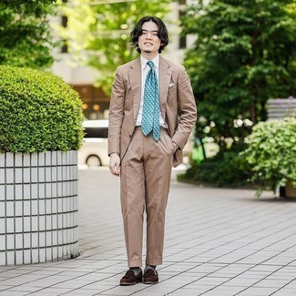 Mint Horizontal Striped Tie Outfits For Men: This combo of a tan suit and a mint horizontal striped tie can only be described as incredibly dapper and sophisticated. Rounding off with dark brown suede tassel loafers is a fail-safe way to add a playful vibe to your look.