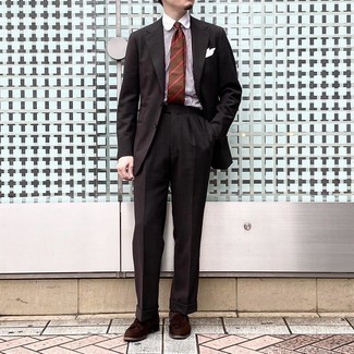 Brown Horizontal Striped Tie Outfits For Men: Dress in a dark brown suit and a brown horizontal striped tie for a sleek elegant ensemble. If you wish to easily dress down this look with a pair of shoes, why not choose a pair of dark brown suede tassel loafers?
