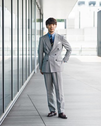 Grey Check Suit Outfits: This is definitive proof that a grey check suit and a light blue dress shirt look awesome when you team them up in a sophisticated outfit for a modern gent. Introduce dark brown leather tassel loafers to the mix and you're all done and looking smashing.