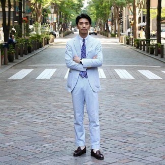 Men's Light Blue Suit, White Dress Shirt, Dark Brown Leather Tassel Loafers, Light Violet Print Tie