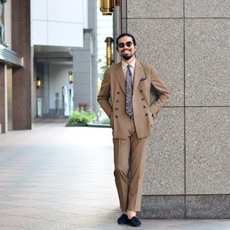 Blue Suede Tassel Loafers Outfits: Teaming a tan suit and a white check dress shirt is a guaranteed way to infuse your daily fashion mix with some rugged refinement. If you don't know how to round off, throw in a pair of blue suede tassel loafers.