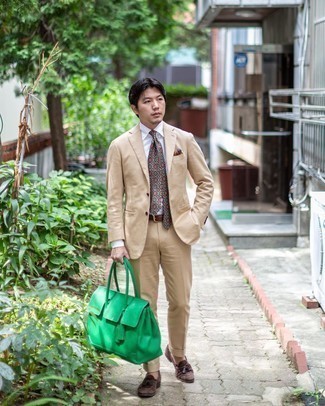 Men's Tan Suit, White Dress Shirt, Dark Brown Suede Tassel Loafers, Green Leather Tote Bag