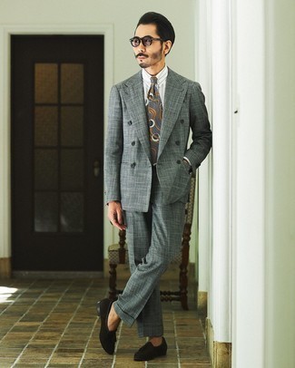 Dark Green Check Suit Outfits: To look like a perfect gentleman, pair a dark green check suit with a white vertical striped dress shirt. When in doubt about what to wear on the shoe front, introduce a pair of black suede tassel loafers to the mix.