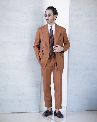 Men's Tobacco Suit, White Dress Shirt, Dark Brown Leather Tassel Loafers, Multi colored Horizontal Striped Tie