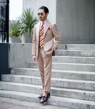 Men's Beige Suit, White and Purple Vertical Striped Dress Shirt, Burgundy Leather Tassel Loafers, Multi colored Horizontal Striped Tie