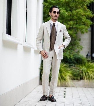 Men's Grey Suit, White and Black Vertical Striped Dress Shirt, Dark Brown Leather Tassel Loafers, Brown Horizontal Striped Tie