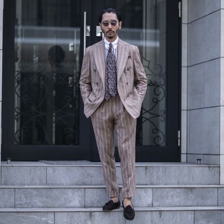 Charcoal Sunglasses Outfits For Men: Such essentials as a tan vertical striped suit and charcoal sunglasses are the ideal way to introduce effortless cool into your daily collection. Complete this look with a pair of black suede tassel loafers to make the outfit slightly more elegant.