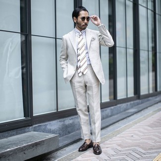 Men's Beige Suit, White Vertical Striped Dress Shirt, Dark Brown Leather Tassel Loafers, White Horizontal Striped Tie