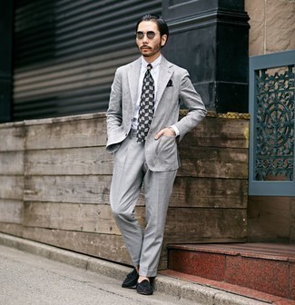 Men's Grey Suit, White Vertical Striped Dress Shirt, Black Suede Tassel Loafers, Black and White Print Tie