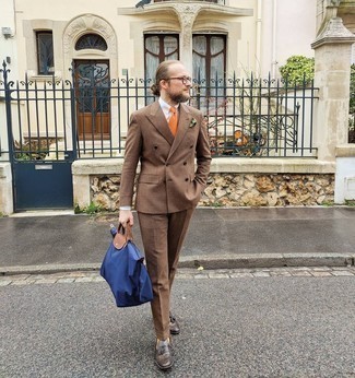Men's Brown Check Wool Suit, White Dress Shirt, Dark Brown Leather Tassel Loafers, Navy Canvas Tote Bag