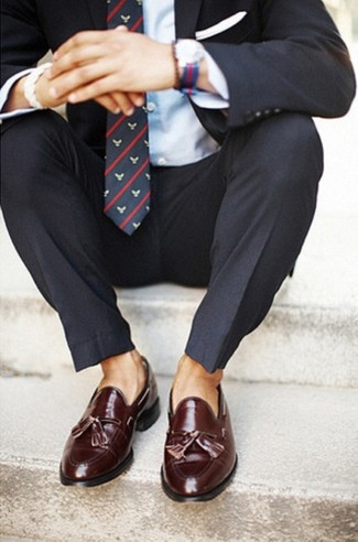 Men's Charcoal Suit, Light Blue Dress Shirt, Burgundy Leather Tassel Loafers, Navy Print Tie