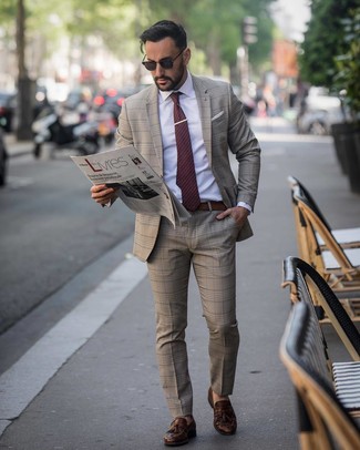 Brown Plaid Suit Outfits: Consider pairing a brown plaid suit with a white dress shirt to look like a refined gent. A pair of dark brown leather tassel loafers is a surefire footwear option that's full of character.