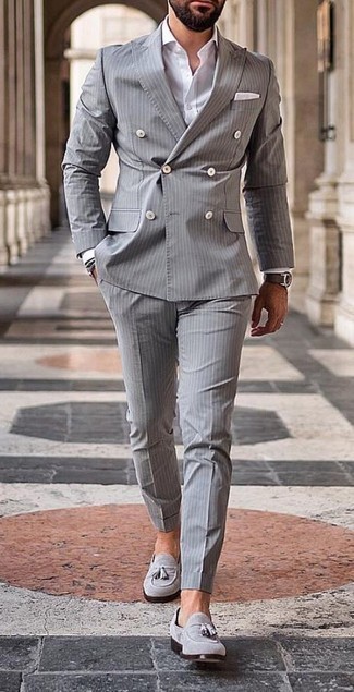 Men's Grey Vertical Striped Suit, White Dress Shirt, Grey Suede Tassel Loafers, White Pocket Square