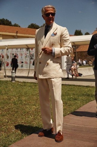 Men's Tan Suit, White and Navy Vertical Striped Dress Shirt, Tobacco Suede Tassel Loafers, Navy and White Polka Dot Tie