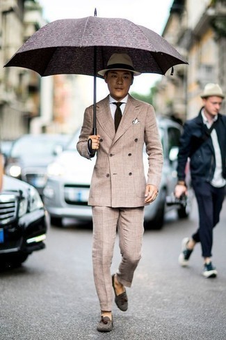 Tan Wool Hat Outfits For Men: Try teaming a tan suit with a tan wool hat to pull together an extra dapper and modern-looking casual outfit. Grey canvas tassel loafers will contrast beautifully against the rest of the look.