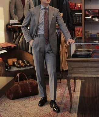 Men's Grey Suit, White and Black Vertical Striped Dress Shirt, Black Leather Tassel Loafers, Brown Geometric Tie