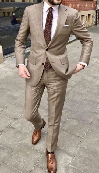 White and Brown Pocket Square Outfits: Wear a tan suit with a white and brown pocket square to feel 100% confident and look trendy. To bring some extra classiness to your look, add brown leather tassel loafers to this ensemble.