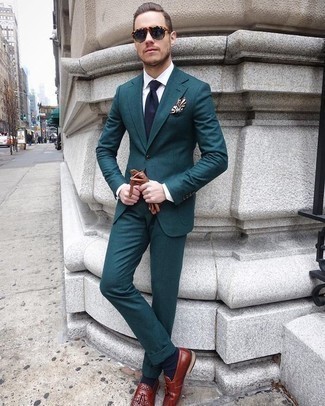 Teal Suit Outfits: Go all out in a teal suit and a white dress shirt. Amp up this whole outfit by rocking a pair of burgundy leather tassel loafers.
