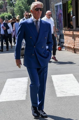 Blue Suede Tassel Loafers Outfits: One of the best ways to style out such a staple item as a navy suit is to team it with a white and navy vertical striped dress shirt. Blue suede tassel loafers act as the glue that will bring this ensemble together.