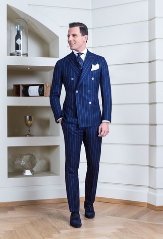 Men's Blue Vertical Striped Suit, White Dress Shirt, Navy Suede Tassel Loafers, Navy and White Polka Dot Tie