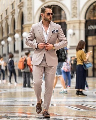 Men's Beige Suit, White Dress Shirt, Brown Leather Tassel Loafers, Navy and White Polka Dot Pocket Square