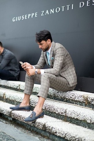 Navy Leather Tassel Loafers Outfits: Wear a grey plaid suit and a white dress shirt for masculine refinement with a clear fashion twist. Complement your look with navy leather tassel loafers and ta-da: this ensemble is complete.
