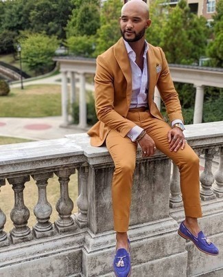 Navy Suede Tassel Loafers Outfits: Teaming a tobacco suit with a white and blue check dress shirt is an awesome pick for a sharp and classy outfit. Complement this outfit with a pair of navy suede tassel loafers and ta-da: the look is complete.