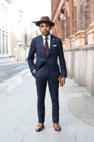 Men's Navy Check Suit, White Dress Shirt, Tobacco Leather Tassel Loafers, Dark Brown Wool Hat