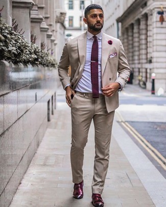 Burgundy Polka Dot Tie with Beige Suit Outfits (5 ideas & outfits ...