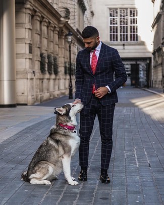 Navy Check Suit Outfits: Team a navy check suit with a white dress shirt if you're aiming for a proper, classic look. Black leather tassel loafers work amazingly well here.