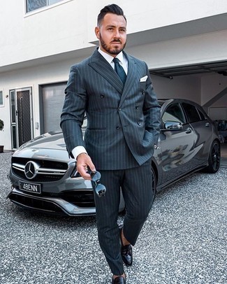 Navy Tie Outfits For Men: A navy vertical striped suit looks especially polished when paired with a navy tie. To give your outfit a more laid-back spin, why not complete your outfit with a pair of black leather tassel loafers?