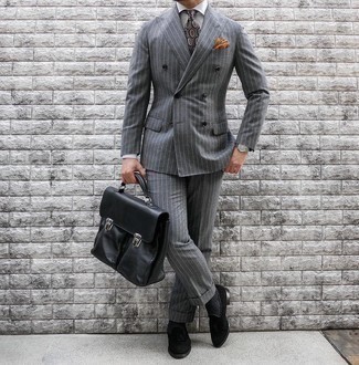 Charcoal Print Tie Outfits For Men: Combining a grey vertical striped suit with a charcoal print tie is a nice idea for a smart and elegant ensemble. Want to play it down when it comes to shoes? Finish off with a pair of black suede tassel loafers for the day.