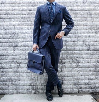 Blue Pocket Square Outfits: This ensemble with a navy vertical striped suit and a blue pocket square isn't hard to score and is easy to change. Introduce a pair of black leather tassel loafers to the equation for a major style upgrade.