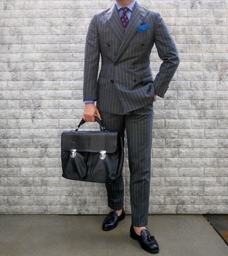 Blue Pocket Square Outfits: If you're a fan of laid-back pairings, then you'll like this pairing of a charcoal vertical striped suit and a blue pocket square. Up the style ante of your look by finishing with a pair of navy leather tassel loafers.