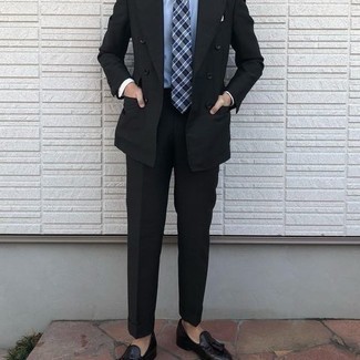 Navy and White Plaid Tie Outfits For Men: This combo of a black suit and a navy and white plaid tie will add polished essence to your look. You could perhaps get a bit experimental in the footwear department and dial down your ensemble by rocking black leather tassel loafers.